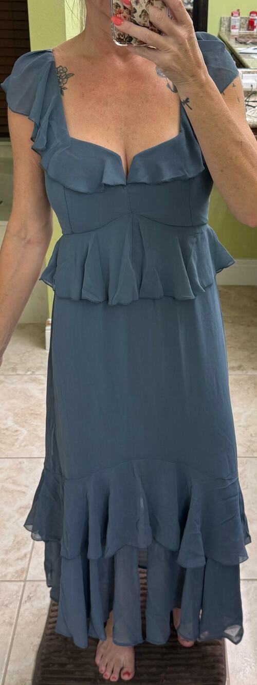 Show Me your Mumu Chiffon S Blue NWT Midi tiered ruffle dress sleeveless $198